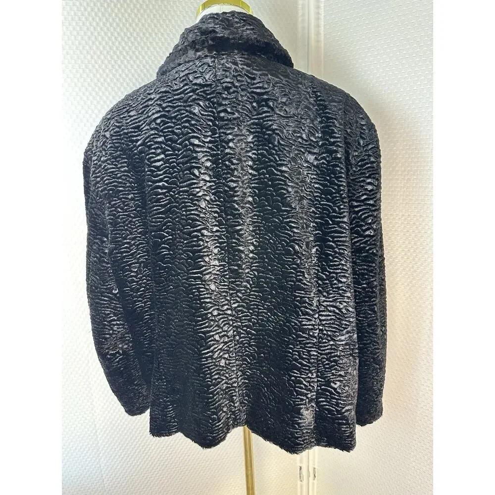 VTG Persian Lamb Faux Fur Jacket Coat Black 20w 1x Rena Rowan Luxe